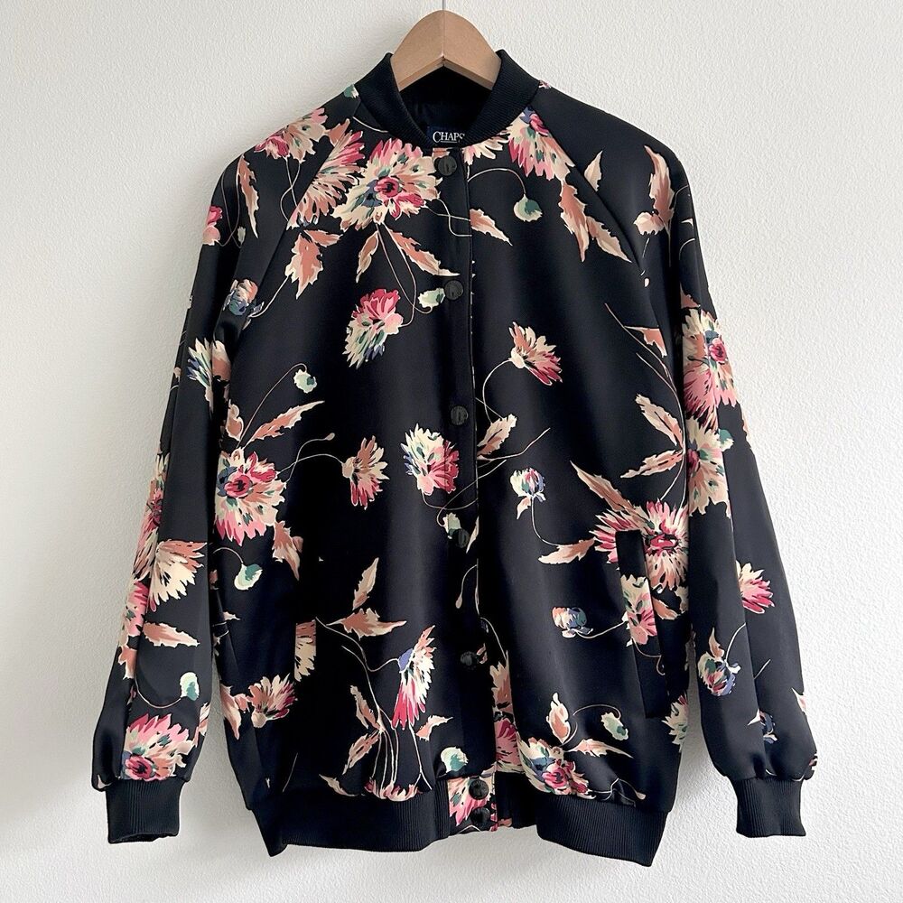 Chaps Satin Bomber Jacket Size L Black Pink Floral Colorful Snap Buttons